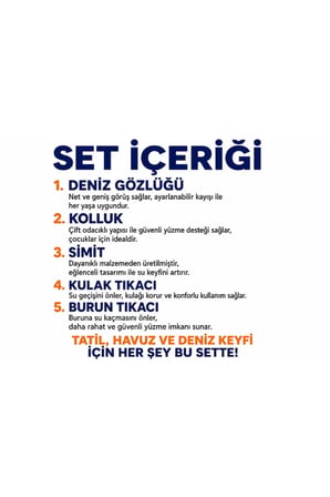 Çocuk 5'li Deniz ve Havuz Yüzme Seti 3-6 Yaş Deniz Gözlüğü + Çift Odalı Kolluk + Çocuk Simidi + Kulak Tıkacı + Burun Tıkacı