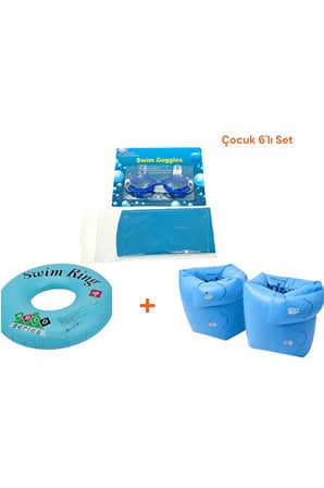 Çocuk 6'lı Deniz ve Havuz Yüzme Seti 3-7 Yaş Deniz Gözlüğü + Silikon Bone + Çift Odalı Kolluk + Çocuk Simidi + Kulak Tıkacı + Burun Tıkacı