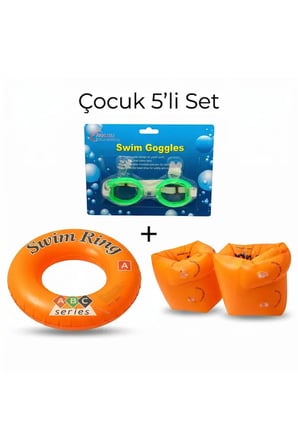 Çocuk 5'li Deniz ve Havuz Yüzme Seti 3-6 Yaş Deniz Gözlüğü + Çift Odalı Kolluk + Çocuk Simidi + Kulak Tıkacı + Burun Tıkacı