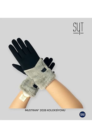 Suyutti /Unisex Siyah Deri Kürklü Eldiven - Fermuarlı, Tokalı Stil Detaylı Model