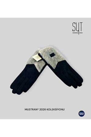 Suyutti /Unisex Siyah Deri Kürklü Eldiven - Fermuarlı, Tokalı Stil Detaylı Model