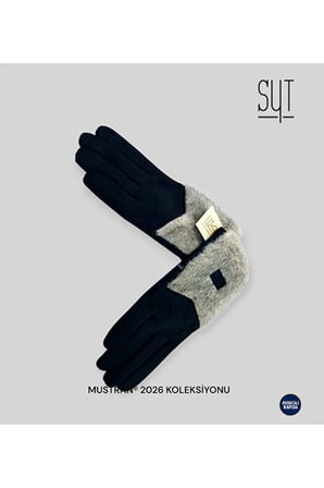 Suyutti /Unisex Siyah Deri Kürklü Eldiven - Fermuarlı, Tokalı Stil Detaylı Model