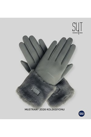 Suyutti /Unisex Siyah Deri Kürklü Eldiven - Fermuarlı, Tokalı Stil Detaylı Model