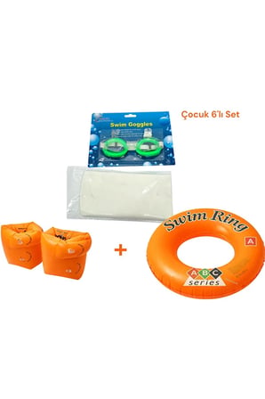 Çocuk 6'lı Deniz ve Havuz Yüzme Seti 3-7 Yaş Deniz Gözlüğü + Silikon Bone + Çift Odalı Kolluk + Çocuk Simidi + Kulak Tıkacı + Burun Tıkacı