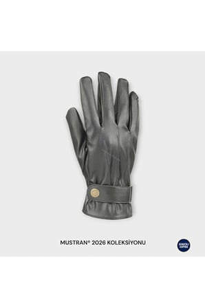 Suyutti /Unisex Siyah Deri Kürklü Eldiven - Fermuarlı, Tokalı Stil Detaylı Model