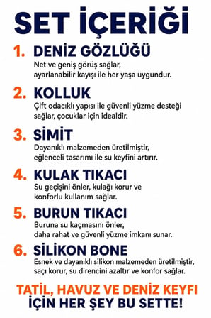 Çocuk 6'lı Deniz ve Havuz Yüzme Seti 3-7 Yaş Deniz Gözlüğü + Silikon Bone + Çift Odalı Kolluk + Çocuk Simidi + Kulak Tıkacı + Burun Tıkacı