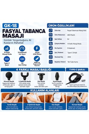Uzun Saplı Sırta Ulaşan 9 Hız 9 Modlu 4 Başlıklı Güçlü Motor 20W Fasyal Masaj Aleti Şarjlı Masaj Tabancası