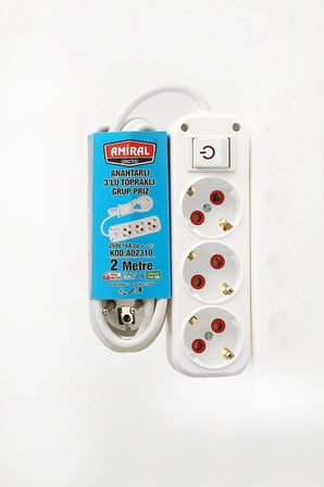 Özel Üretim Beyaz Uzatma Kablosu Güçlü Amiral 3' lü Topraklı Anahtarlı 2 Metre Kablolu Grup Priz