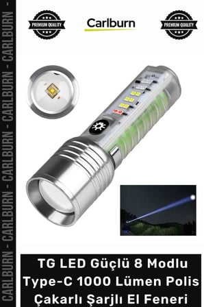 Profesyonel TG LED Güçlü 8 Modlu Type-C 1000 Lümen Polis Çakarlı Şarjlı El Feneri