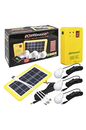 POWERMASTER PM-8905 GÜNEŞ PANELLİ 3 LAMBALI POWERBANK ÖZELLİKLİ ÇOK AMAÇLI ŞARJLI SOLAR AYDINLATMA