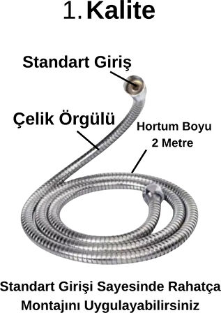 10 Yıl Garantili Paslanmaz Çelik 2 Metre Spiral Duş Başlığı Hortumu 1.kalite