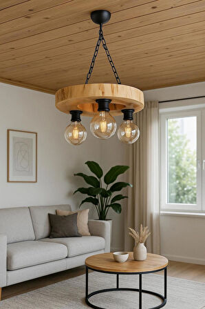 Kütük Avize 3'Lü Başlık Masif Ahşap Salon Otel Kafe Bungalov Ev