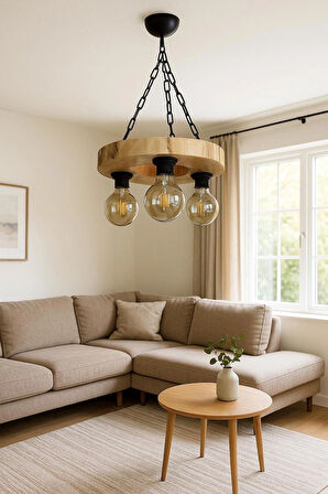 Kütük Avize 3'Lü Başlık Masif Ahşap Salon Otel Kafe Bungalov Ev