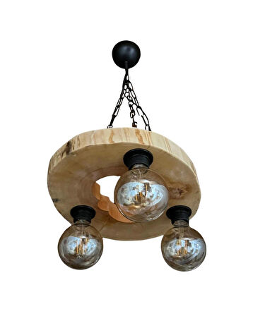 Kütük Avize 3'Lü Başlık Masif Ahşap Salon Otel Kafe Bungalov Ev