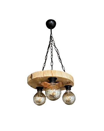 Kütük Avize 3'Lü Başlık Masif Ahşap Salon Otel Kafe Bungalov Ev