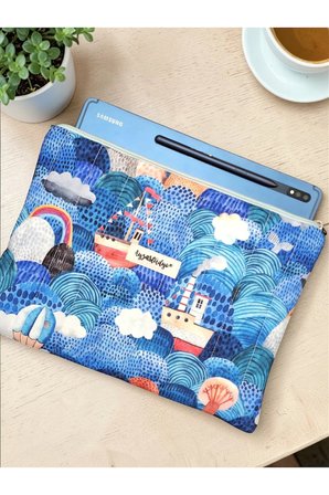 Denizde Gemi Desenli Tablet Çantası, 10-12 Inç Uyumlu Pofuduk Ipad Çantası
