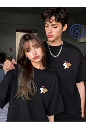Sevimli Ayıcık Baskılı Sevgili Kombini Çift Tişört Oversize Unisex Romantik Çift Kombin Seti