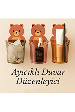 3’lü Ayı Figürlü Diş Fırçalık Seti | Yapışkanlı Duvara Yapışan Banyo Organizer