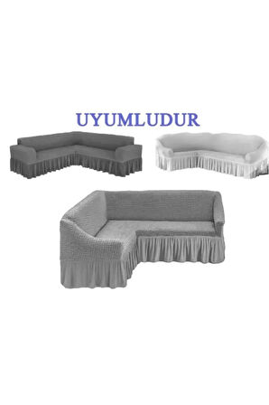 Bürümcük kumaş, etekli L köşe koltuk örtüsü. 1 adet esnek, lastikli, süngerli L koltuk kılıfı