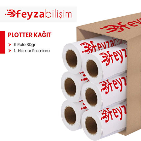 Feyza Bilişim® 1.Hamur Premium Opak 80 gr Plotter (Çizim) Kağıdı 62cm x 50mt (6 Rulo)