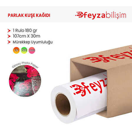 Feyza Bilişim® Parlak Kuşe Fotoğraf Kağıdı 180 gr (DYE) 107cm x 30mt (1 Rulo)