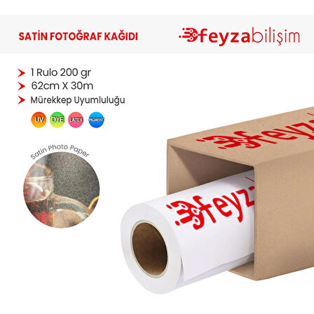 Feyza Bilişim® Microporous (Satin) Yarı Mat Fotoğraf Kağıdı Waterprof 200gr 62cm x30mt (1 Rulo)