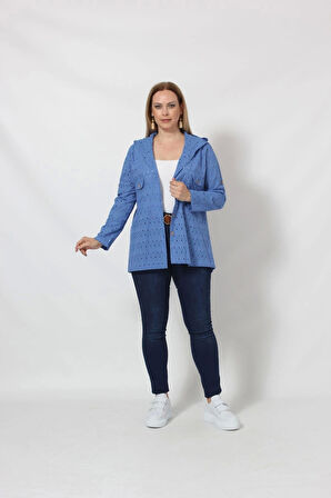 B029M Kapüşonlu Delikli Mevsimlik Ceket Mavi