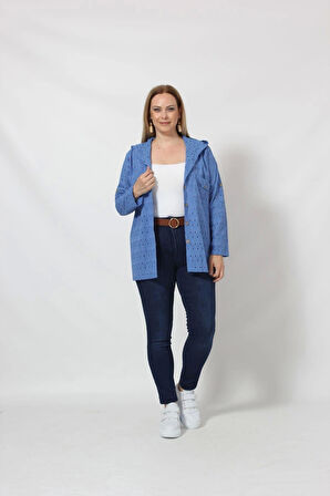 B029M Kapüşonlu Delikli Mevsimlik Ceket Mavi