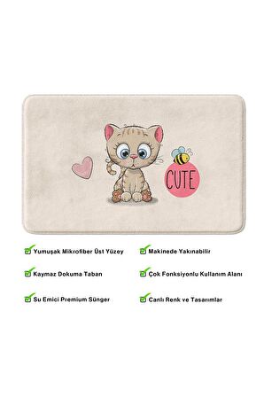 Sevimli Tasarımlı Mikrofiber Banyo Paspası, Kaymaz Taban, Makinede Yıkanabilir (50x80)