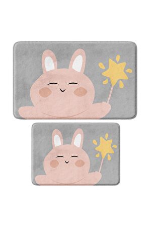 Sevimli Tasarımlı Mikrofiber 2'li Takım Banyo Paspası, Kaymaz Taban, Makinede Yıkanabilir (40x60_50x80)