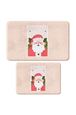 Sevimli Tasarımlı Yılbaşı Dekoru, Takım Banyo Paspası, Kaymaz Taban, Makinede Yıkanabilir, Yeni Yıl Paspası