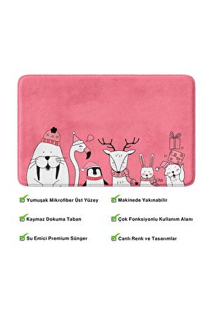 Sevimli Tasarımlı Yılbaşı Dekoru Banyo Paspası, Kaymaz Taban, Makinede Yıkanabilir, Yeni Yıl Paspası 50X80