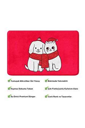 Sevimli Tasarımlı Yılbaşı Dekoru Banyo Paspası, Kaymaz Taban, Makinede Yıkanabilir, Yeni Yıl Paspası 50X80