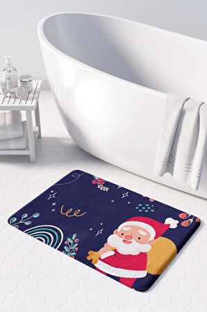 Sevimli Tasarımlı Yılbaşı Dekoru, Takım Banyo Paspası, Kaymaz Taban, Makinede Yıkanabilir, Yeni Yıl Paspası