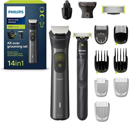 Philips Multigroom Series 9000, 14'ü bir arada sakal düzeltici ve saç kesme makinesi, OneBlade ile, 2 x orijinal bıçak, yüz, baş ve vücut için, 27 uzunluk ayarı (0,2 – 20 mm) (model MG9550/15)