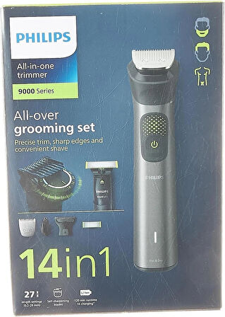 Philips Multigroom Series 9000, 14'ü bir arada sakal düzeltici ve saç kesme makinesi, OneBlade ile, 2 x orijinal bıçak, yüz, baş ve vücut için, 27 uzunluk ayarı (0,2 – 20 mm) (model MG9550/15)