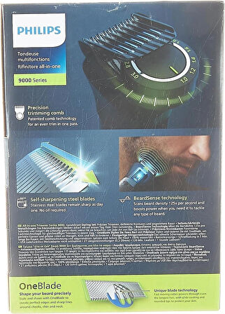 Philips Multigroom Series 9000, 14'ü bir arada sakal düzeltici ve saç kesme makinesi, OneBlade ile, 2 x orijinal bıçak, yüz, baş ve vücut için, 27 uzunluk ayarı (0,2 – 20 mm) (model MG9550/15)