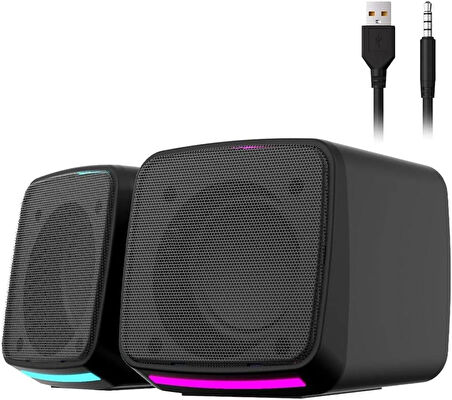 Hoparlör 1+1 Kablolu RGB ışıklı PC hoparlör, PC/Mac/akıllı telefon/tablet ile uyumlu