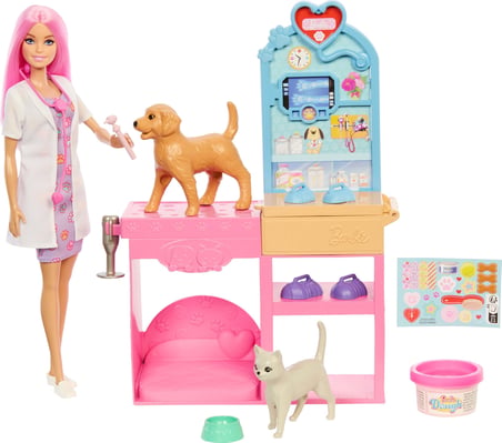 Barbie'nin Veteriner Kliniği oyun seti, pembe saçlı bebek, veteriner eşyaları ve alçıyla bandaj hazı