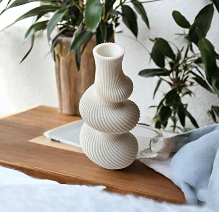 Bohem İskandinav Tarzı Spiral Vazo (Krem-Mermer Desen )(Bioplastik)