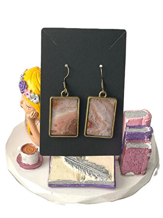 Polimer Kil, Ultra Hafif, Şık Kadın Küpe. Vintage Tarz Dikdörtgen Mermer Desenli Küpe, Antik Bronz Metal Çerçeveli, Pembe-Kahverengi