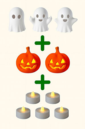 Halloween Seti (Hayalet + Kabak + LED Mum 10 Parça) Cadılar Bayramı Konsepti