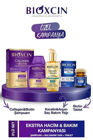 Collagen & Biotin Hacim Şampuanı 300ml + Biotin 5000mcg 60tab + Keratin Argan Saç Bakım Yağı