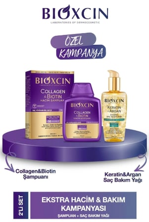 Bioxcin Collagen & Biotin Hacim Şampuanı 300ml + Bioxcin Kertin Argan Saç Bakım Yağı
