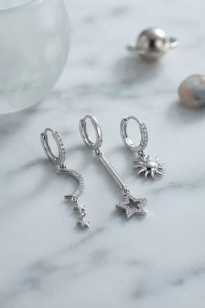 3 lü Set Ay Yıldız ve Güneş Model Gümüş Renk Kadın Küpe