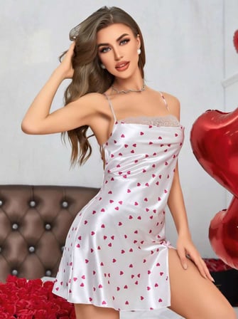 Kadın Beyaz Fuşya Kalp Desenli saten Gecelik 2219 — BEDEN / RENK: L/XL / Beyaz