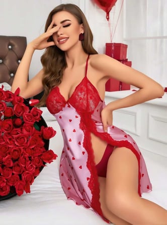 Kadın Kırmızı kalp Desenli saten Gecelik 2220 — BEDEN / RENK: L/XL / Kırmızı