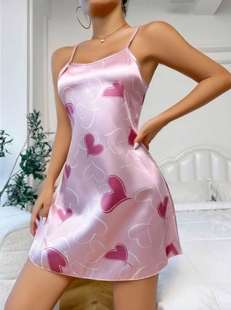 Kadın Pembe Saten Askılı fuşya kalp Desen baskılı Gecelik 2217 — BEDEN / RENK: S/M / Pembe