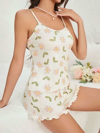 Kadın Ekru Çiçek Baskılı Şortlu Gecelik Pijama Takımı 5047 — BEDEN / RENK: S/M / Ekru