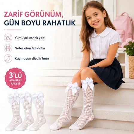 Kız Çocuk Beyaz File Dizaltı Çorap Fiyonklu 3'lü Paket Okul Tören Bayram Gösteri Çorabı — RENK / BED